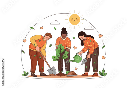 Video group of diverse volunteers planting a young tree together in a garden, environmental conservation and teamwork concept illustration