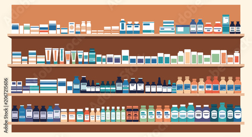 Detailed view of pharmacy shelves stocked with many rows of colorful medication bottles and medical containers.