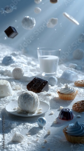 Sweets advertising background: Floating chocolate cakes ice cream scoop cookies and glass of milk with cinematic light rays