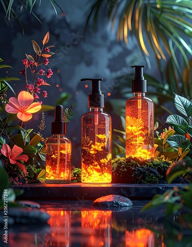 A serene arrangement of glowing bottles amidst lush greenery and vibrant flowers