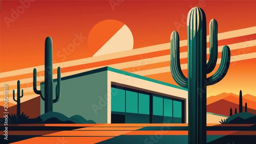 Canvastavla Minimalist modern villa in desert landscape with tall cacti at sunset architectu
