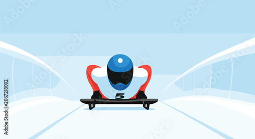 High speed action illustration of a skeleton bobsled athlete racing headfirst down an icy track during a winter sports competition.