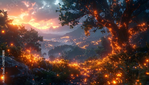 A serene forest landscape at sunset with glowing lights