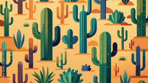 Obraz na plátně Seamless vector pattern illustration of various desert cacti with succulent seam