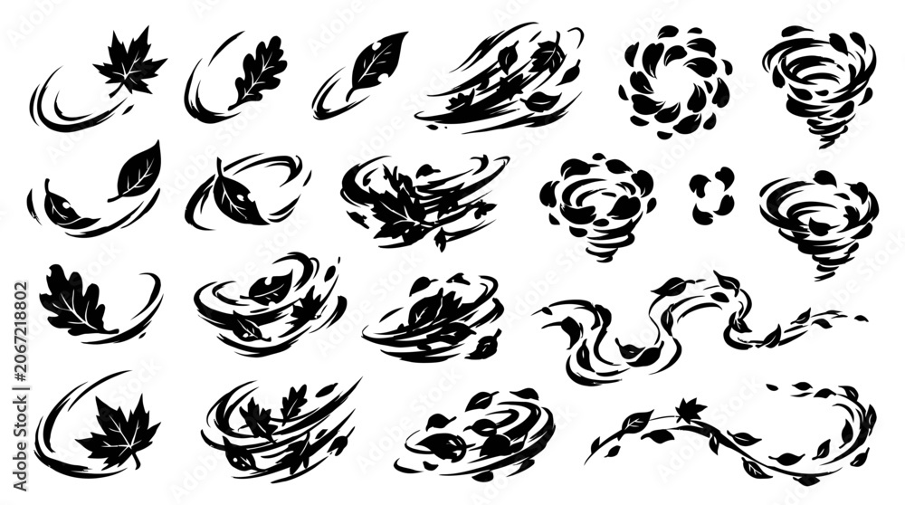 Fototapeta premium Collection of various black swirling leaf and flower illustrations on white