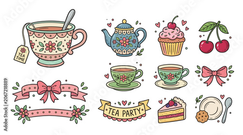 Hand drawn tea party elements with cute cups, teapot, desserts, and banners.