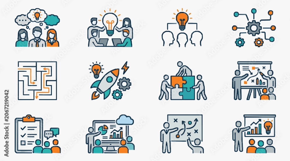 Fototapeta premium Corporate Innovation and Teamwork Concepts Illustrated with Colorful Icons Lightbulbs Gear Systems and Strategic Planning Visuals