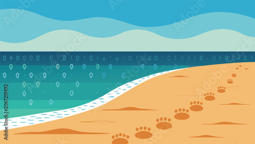 Tableau sur toile Cartoon flat beach scene with footprints in the sand leading towards the turquoi