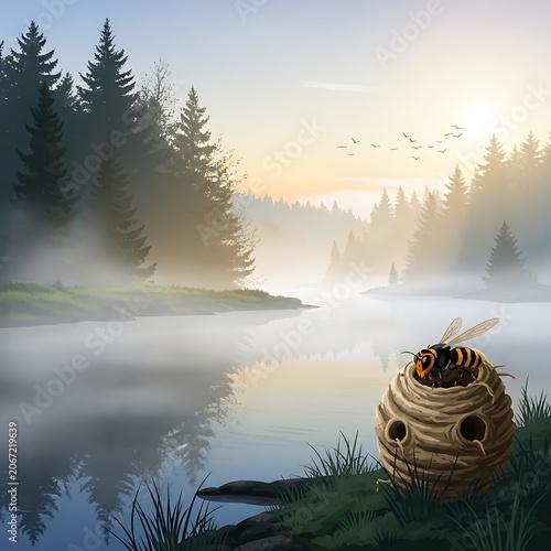 Serene Lake Scene with Misty Forest and Beehive.