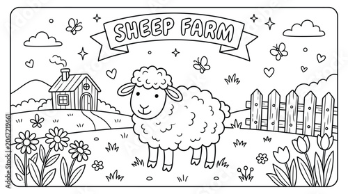 Tableau sur toile Pastoral farm scene with a cheerful sheep and rustic barn on a sunny day