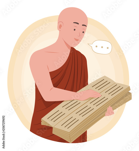 Asian Buddhist Monk Priest Holding the Tipitaka Scriptures or the Pali Canon and Chanting Mantra Prayer for Buddhism Religious Concept Illustration Clip Art
