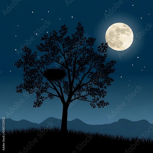 Serene Night Scene with Full Moon and Starry Sky.