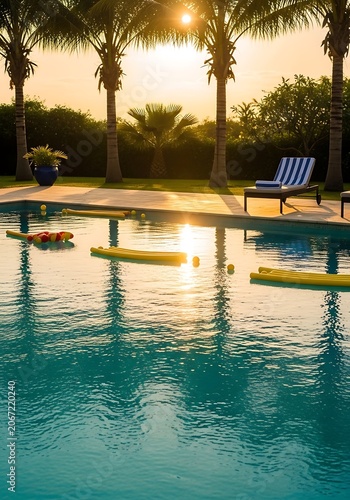 Serene Poolside Scene with Lounge Chairs and Sunset View.