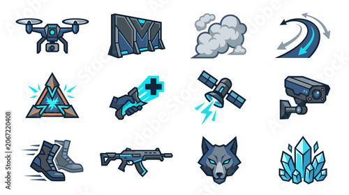 Futuristic Game Icons: Drone, Satellite, Weapon, Wolf, Shield, Medicine