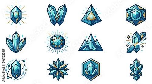 Set of Blue Crystal Icons, Gemstones, Geometric Shapes, and Abstract Designs