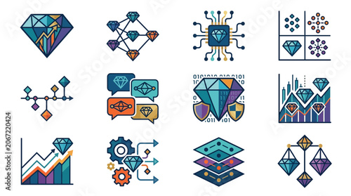 Abstract Diamond Icons Set - Data, Technology, Finance, Security, Network Concepts