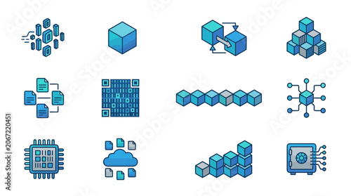 Blockchain Technology Icons: Data, Network, Security, and Storage
