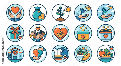 Charity and Donation Icons: Helping Hands, Giving, Growth, Support, Healthcare, Food