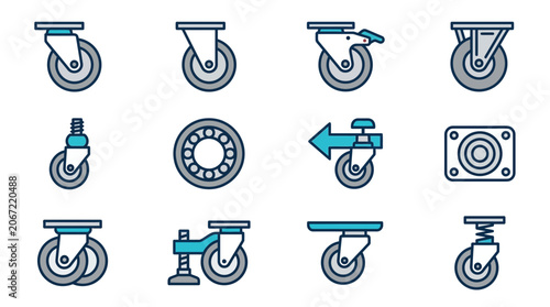 Caster Wheels Icons Set: Swivel, Fixed, Lockable, Ball, Screw Mount