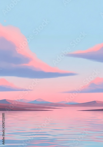 Serene Sunset Over Calm Water with Pink Clouds and Reflections.