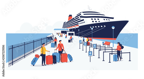 Busy scene at a harbor pier where diverse travelers with suitcases are lining up to board a large luxury cruise ship for a summer vacation.