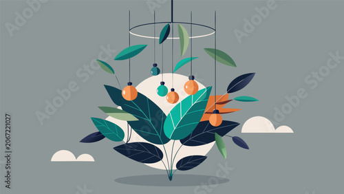 Картината върху платно Abstract graphic concept of floating botanical elements and glowing light orbs w