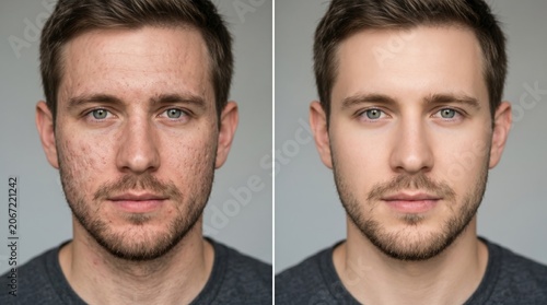 Acne scar treatment before and after comparison young man with improved clear skin dermatology concept