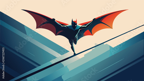 Tableau sur toile Vigilante hero character with wings balancing on a tightrope high above city bui