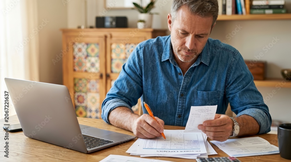 Fototapeta premium Personal finance management and accounting concept during tax season featuring a man with receipts.