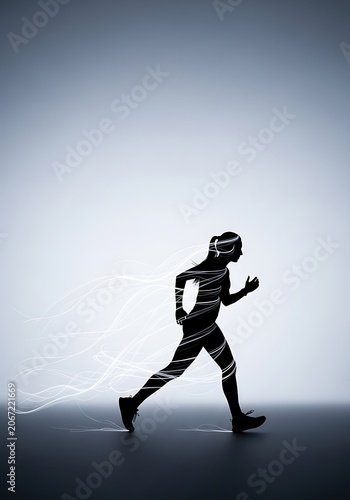 Silhouette of a Person Running in Motion Against Light Background.