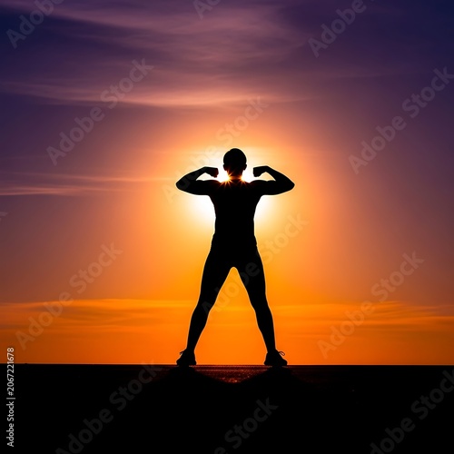 Silhouette of a Person Standing with Arms Raised at Sunset.