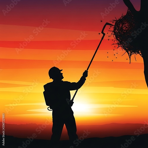 Silhouette of Person Cleaning Large Tree at Sunset.