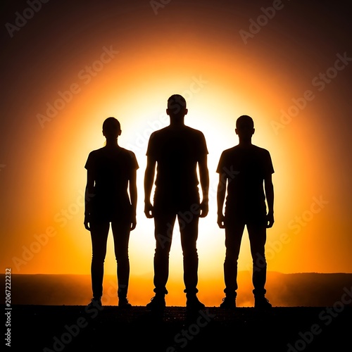 Silhouettes of Three People Against Sunset Sky.
