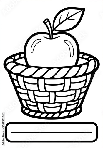 Simple Black and White Apple in Woven Basket Illustration.