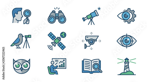 Vision, Observation, and Research Icons Set: Magnifying Glass, Binoculars, Telescope, Eye, Satellite