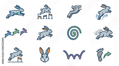 Rabbit Icon Set: Jumping, Running, Hurdles, Speed, Agility, and Motion Graphics