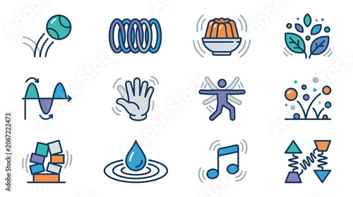 Vibration and Motion Icons: Wave, Spring, Ball, Jelly, Plant, Hand, Music, Explosion