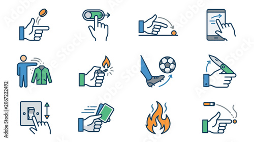 Icons Representing Actions: Flip Coin, Toggle Switch, Drag, Touchscreen, Dressing, Lighter, Football, Knife