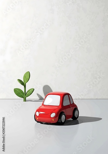 Small Red Car Toy with Green Plant on White Background.