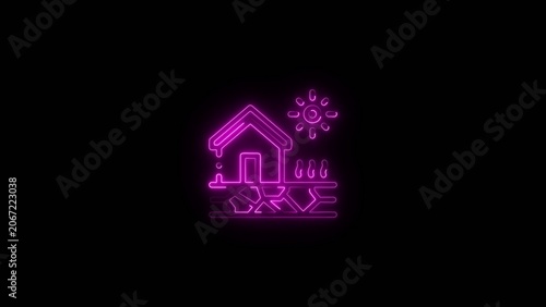Magenta neon line of a house with a sun symbol and fireplace on a Generate title without using the word 
