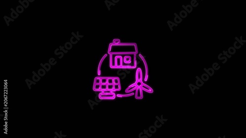 Magenta neon outline of a house with solar panel and wind turbine for renewable energy home Generate title without using the word 
