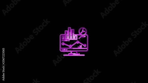 Magenta neon outline of a computer monitor with bar graphs circuit lines and a magnifying glass Generate title without using the word 