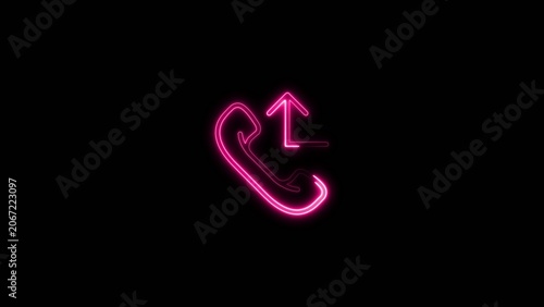 Foto Magenta neon outline of a telephone receiver with an upward arrow inside glowing