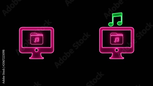 Magenta neon outlined desktop computer monitors displaying music folder with music note symbols Generate title without using the word 