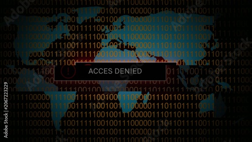 Map silhouette with binary code digits and an access denied red stamp globe Generate title without using the word 