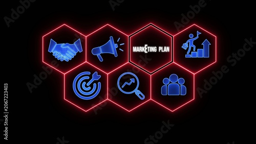 Marketing plan concept with blue and red neon hexagons on black background