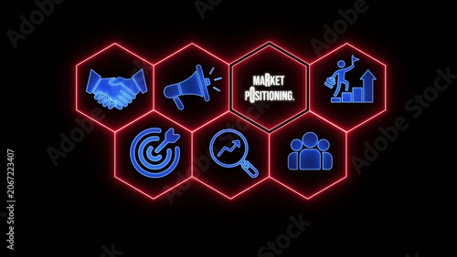Market positioning concept with blue and red neon hexagons on black background business strategy planning