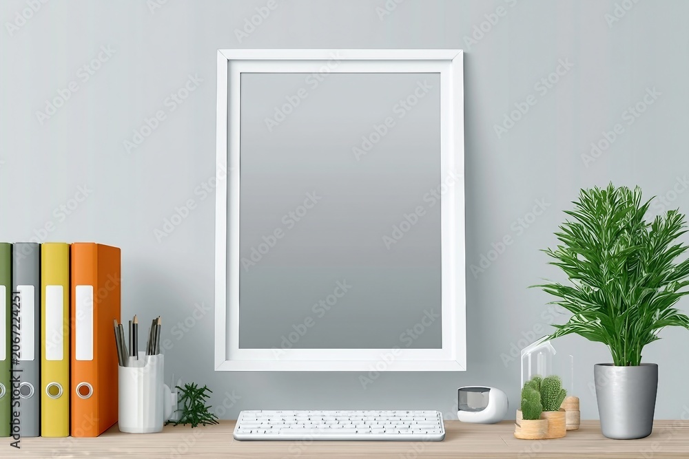 Fototapeta premium White frame on desktop with colors and keyboard