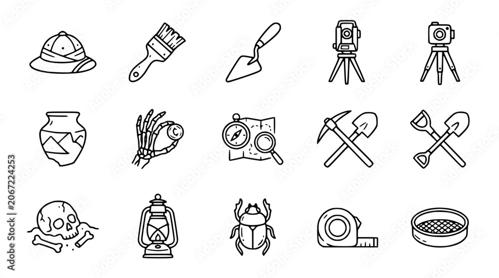 Fototapeta premium Archaeology Icons Set: Tools, Artifacts, and Discoveries - Vector Line Art