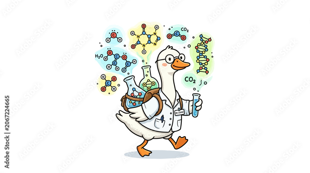 Fototapeta premium Cartoon goose wearing lab coat.